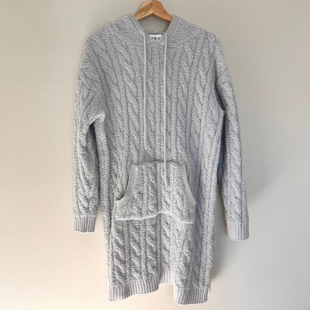 KIKIT Womens Cable‎ Knit Hoodie Dress Grey Popcorn Boucle Sweater S/M Longline